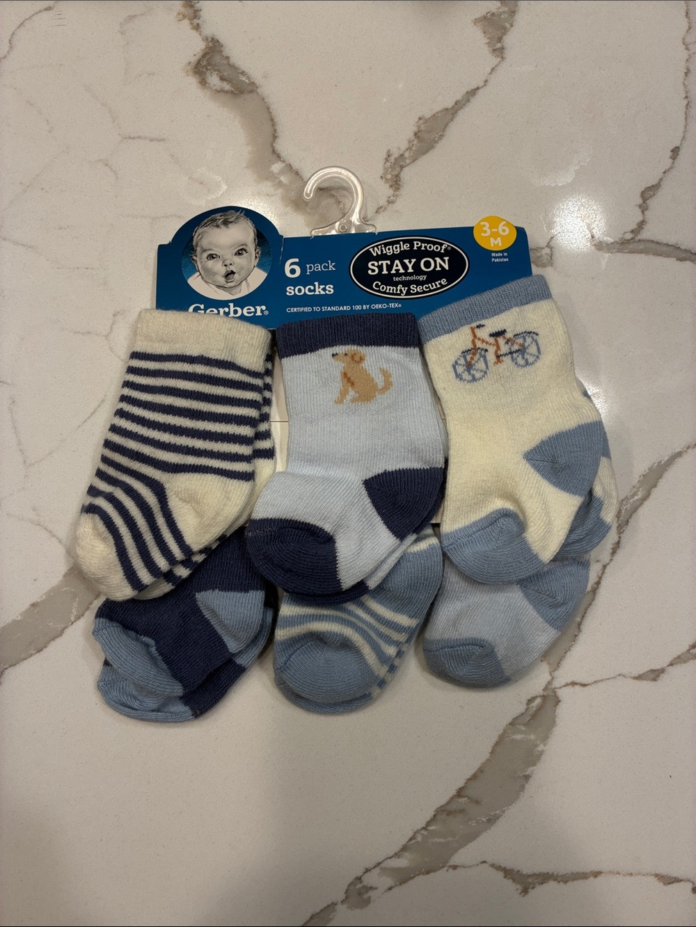 Gerber Baby Sock 6-Pack in Blue and Cream with Bike & Puppy Motifs